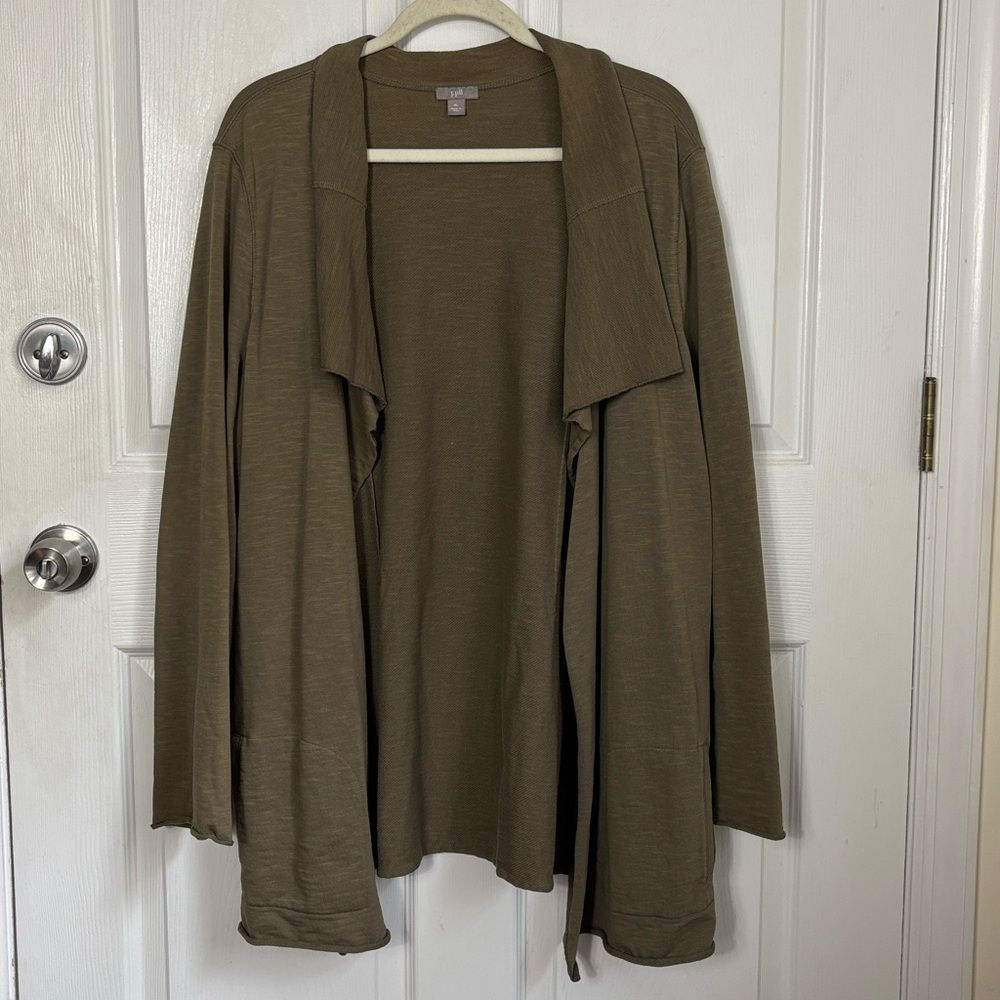 J. Jill Draped Olive Green Cotton Cardigan Size XL Open Front Rolled Hem Pockets